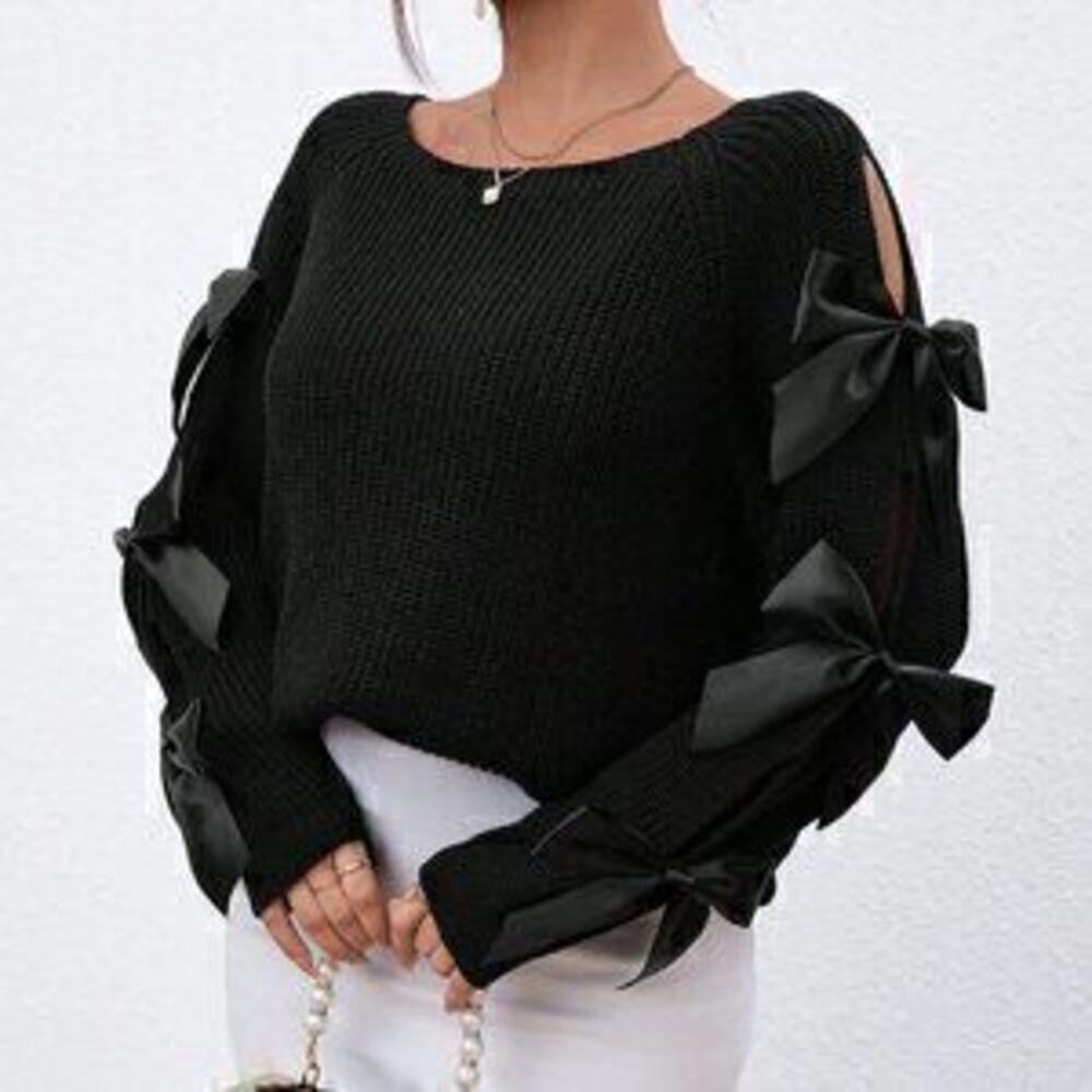 Black Preppy Womens Bow Detail Cut Out Raglan Sleeve Sweater - Picture 3 of 3